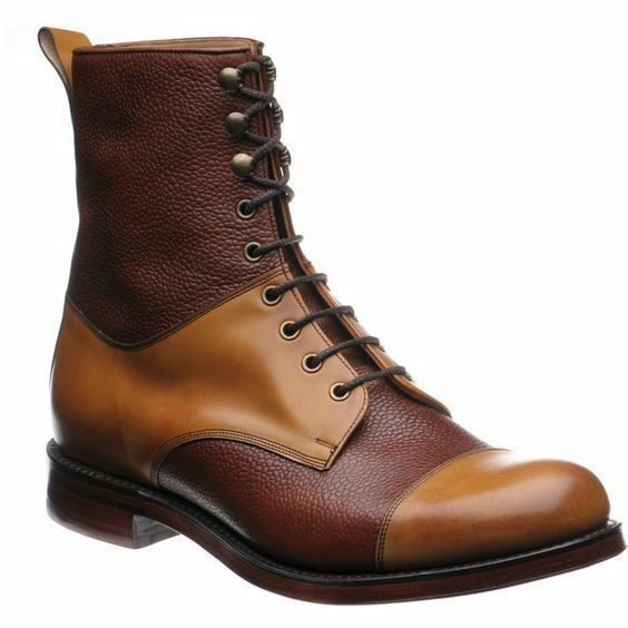 Men's Two Tone Tan Brown High Ankle Derby Cap Toe Leather Lace Up Boots US 7-16