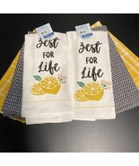 LOT of 6 Kitchen Hand Tea Dish Towels Lemon Zest For Life Black White Ye... - $17.79