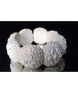 Vintage Celluloid  Featherweight Wide Bracelet Carved White Flower Stret... - £22.33 GBP