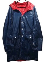 vintage LACOSTE Reversible Hooded Long Rain Coat Slicker Large Blue / Red - £42.18 GBP