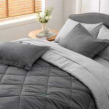 Bedsure Dk Grey Full Size Comforter Set 7PC Reversible-Sheets Pillowcases Shams - £21.54 GBP