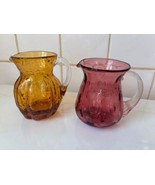 VTG Lot 2 Studio Crackle Glass Creamers Clear handles yellow &amp; purple - $19.79