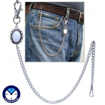 Pocket Watch Chain Silver Color Albert Chain Swivel Clasp Mother of Pearl Fob - £14.15 GBP