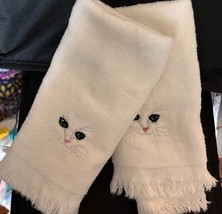 Vintage White Hand Towels with Embroidered Cats - $14.03