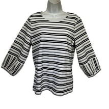 Calvin Klein Womens White Black Striped 3/4 Sleeve Scoop Neck Blouse Size M - £14.86 GBP