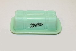 Jadeite Green Glass Butter Dish Script Embossed Retro Depression Style Jade - £19.23 GBP