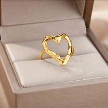 Chic Cuff Ring Stainless Steel 18k Gold Plated Heart Design Adjustable - £16.65 GBP