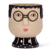 Large Intellectual Face Planter with Metal Glasses 7" high Stoneware Beige Black
