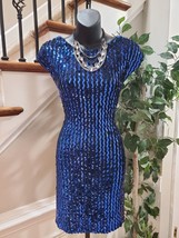 Vintage Glenrob Blue Sequin Rayon Round Neck Short Sleeve Knee Length Dress 9/10 - £39.16 GBP