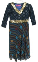 Zora Navy Blue Party Girls Long Dress Sz 2 Gold Sequin Glitter Dots Chiffon Xmas - $10.05