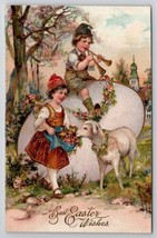 Easter Greeting Children Lamb Boy On Large Egg With Horn Gold Gilt Postcard X26 - £7.15 GBP