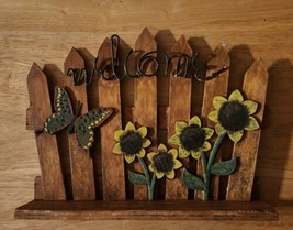 Fence Picket Welcome Sign Sunflowers Butterflies 11&quot; x 8&quot; x 2&quot; - £11.90 GBP