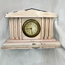 Vintage Cast Metal Clock Pink Wind Up Small 8x5x4 Column Not Working 1950s - $14.95