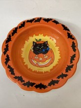 VTG Halloween Jack O Lantern Pumpkin Black Cat and Bats Large Plastic Candy Bowl - £15.20 GBP