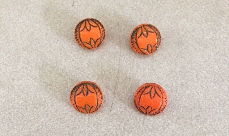Primary image for Lot of 4 Tiny Mini Asian Style Vintage Ceramic Round Orange Shank Buttons .75cm