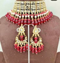Indian Bollywood Gold Plated Glass Kundan Choker Maroon Red Necklace Jewelry Set - £22.27 GBP