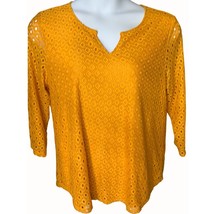 Ruby Rd Womens Quarter Sleeve Solid Yellow Eyelet Lace Spandex Lined Swe... - $27.92