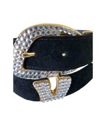 CACHE Black Suede Leather Gold METAL Hardware Rhinestones 1 1/4&quot; Wide Belt - $68.38 CAD