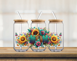 Sunflowers MOM &amp; Butterflies UV DTF 16oz Glass Can - $75.62 MXN