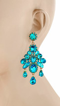 3.25&quot; Turquoise Pool Blue Acrylic Crystals Rhinestones Party Chandelier Earrings - £12.85 GBP