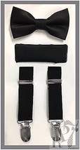 Black NEW Boy&#39;s Clip Suspender Bow tie &amp; Pocket Square Handkerchief 3 pi... - £14.62 GBP