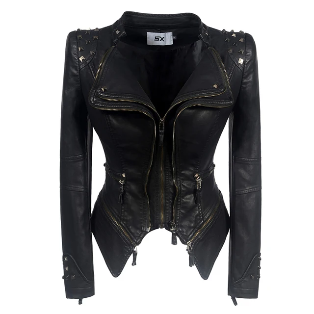 Studded riveted slim waist faux Leather retro biker jacket woman&#39;s black - $79.99
