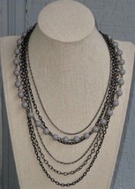 Gray Round Bead Multi Chain Layered Necklace Black Antique Brass Tone Jewelry - £8.83 GBP