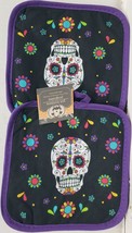 2 Same Potholders (7&quot;x7&quot;) Halloween, Day Of The Dead Skull &amp; Flowers, Purple, Gr - £6.25 GBP