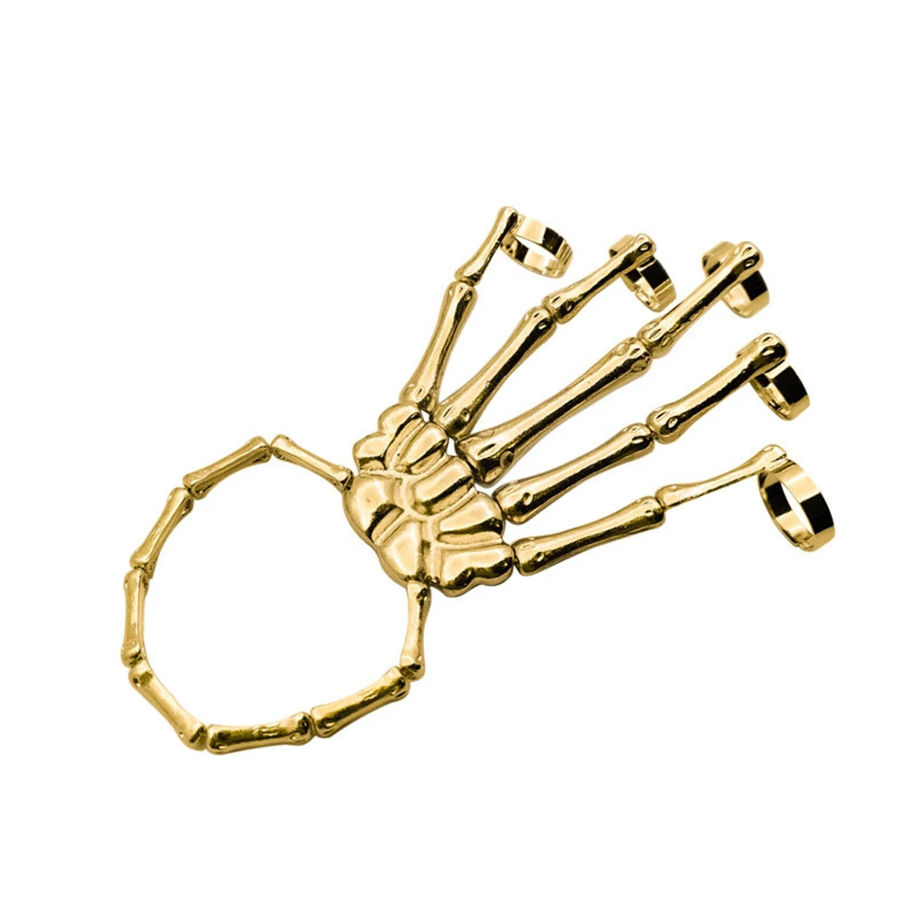 Punk Bracelet For Men Gothic Hand Chain Skull Skeleton Five Fingers Rings Adjust - £15.96 GBP
