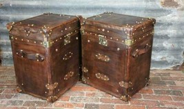 Antique Pair of Handmade Leather Occasional Side Table Trunks - $737.20