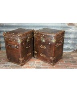 Antique Pair of Handmade Leather Occasional Side Table Trunks - $737.20