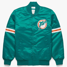 Vintage 80s NFL Miami Dolphins Baseball Letterman Bomber Turquoise Satin Jacket - £83.91 GBP