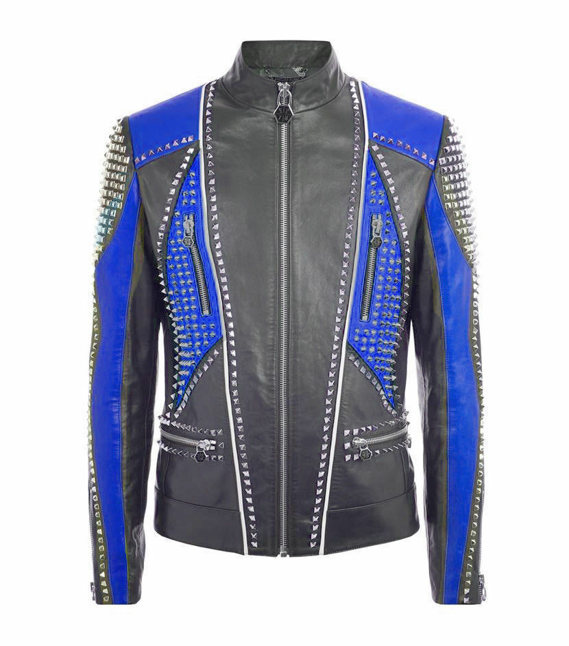 Men's Philipp Plein Two Tone Blue Black Genuine Leather Silver Studded Jacket