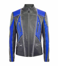Men&#39;s Philipp Plein Two Tone Blue Black Genuine Leather Silver Studded Jacket - £251.48 GBP