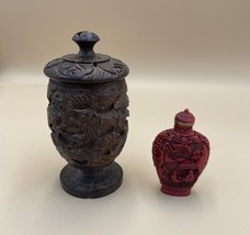 Chinese Hand Carved Wood Canister With Lid And 1 Snuff Bottle Lot Of 2 - $75.29 CAD