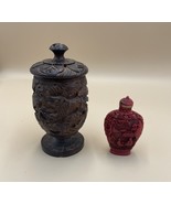 Chinese Hand Carved Wood Canister With Lid And 1 Snuff Bottle Lot Of 2 - $1,045.37 MXN