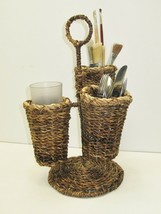 Vintage Wicker Utensil Holder Stand Baskets Tri Level Glass Art Supplies Handle - £11.92 GBP