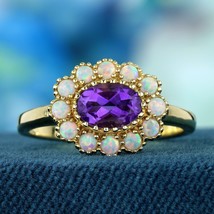 Natural Amethyst and Opal Vintage Style Floral Ring in Solid 9K Yellow Gold - £599.51 GBP