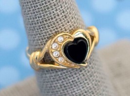 Vintage Gold Avon Ring With Genuine Black Onyx Heart Shape Stone And Rhinestones - £29.16 GBP