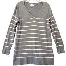 Old Navy Women Sweater Size M Gray Preppy White Stripe V-Neck Casual Long Sleeve - £9.88 GBP