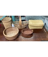 Lot Of 5 Woven, Wicker, Rattan Baskets Some With Handles - $14.85