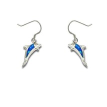 Sterling Silver Blue Inlay Opal Leaping Dolphin Earrings - £30.05 GBP