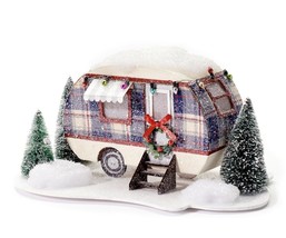 Christmas Trailer Figurine Retro Camper Lights Up Plaid Glitter Table Decoration - £36.59 GBP