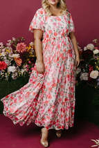 Pink Plus Size Floral Square Neck Puff Sleeve Ruffle Maxi Dress - $43.99+