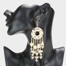 Gold Hammered Metal Dangle Earrings Long Chandelier DreamCatcher Style Jewelry - £27.37 GBP