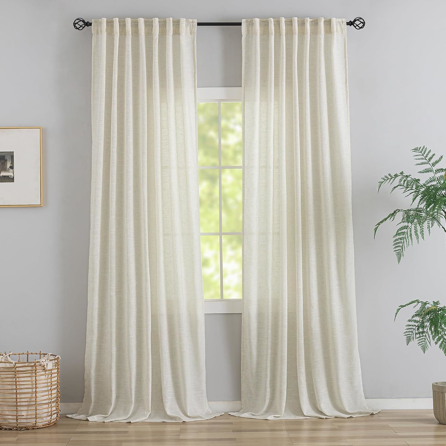 94 Inch Length Curtains Natural Linen Back Tab Hook Belt Loops Privacy Semi - $46.99