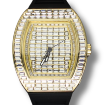 Men&#39;s Iced Chandelier 43mm Cz Big Face Gold Plated Silicone Band Quartz Watch - £27.96 GBP