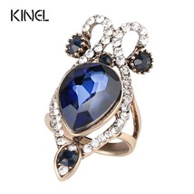 Luxury Blue Glass Rings For Women Big Crystal Antique Gold Color Punk Wedding Ri - £6.68 GBP