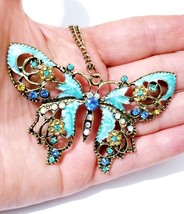 Antiqued Crystal Butterfly, Colorful Butterfly Necklace, Butterfly Charm Necklac - £25.04 GBP