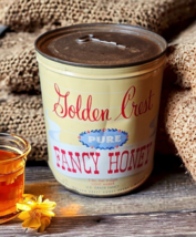 Vintage Golden Crest Honey Farms 5lb Tin Can with Key Advertising Decor Prop NOS - £126.60 GBP